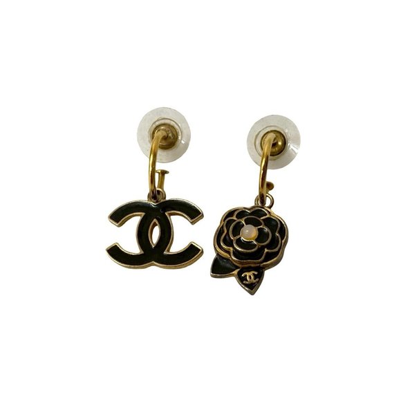 CHANEL Camellia Coco Mark Motif Earrings, Gold and Black, 89335 - Picture 1 of 5